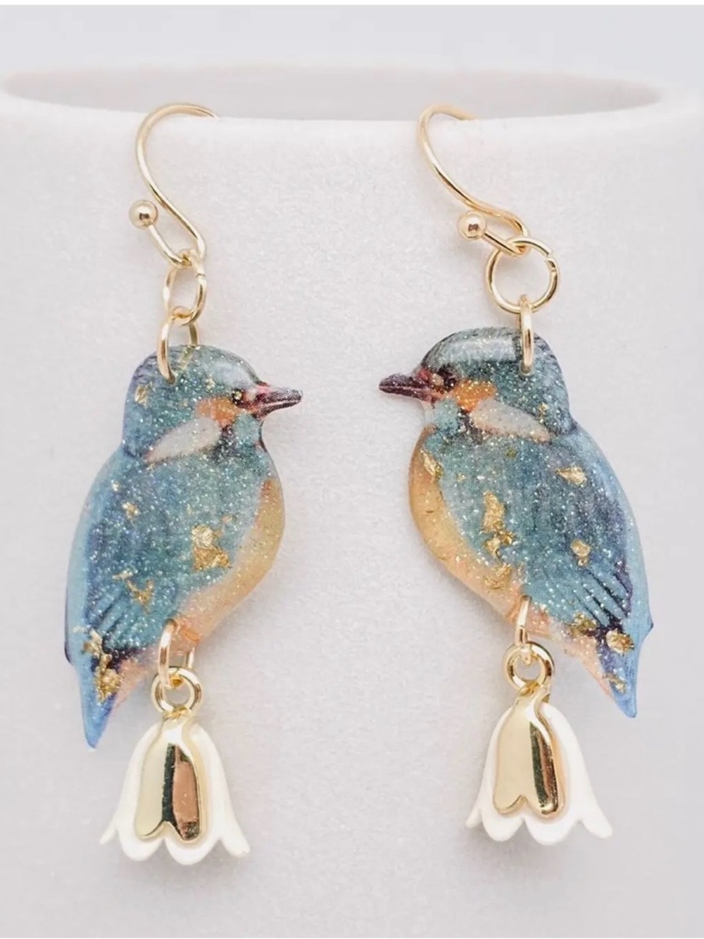 SOLD-Blue and Gold Bird Drop Earrings with White Bell Charms New- Boutique